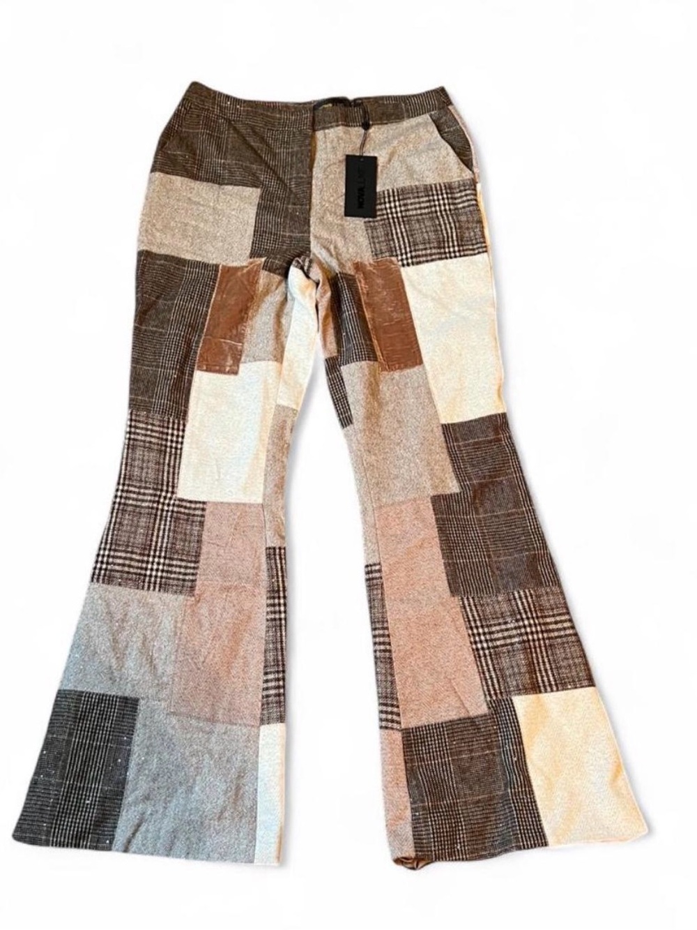 Patchwork Flare Pants in Brown and Cream